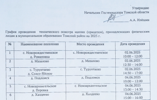 График проведения технического осмотра машин (прицепов), принадлежащих физическим лицам в муниципальном образовании Томский район на 2025 г..